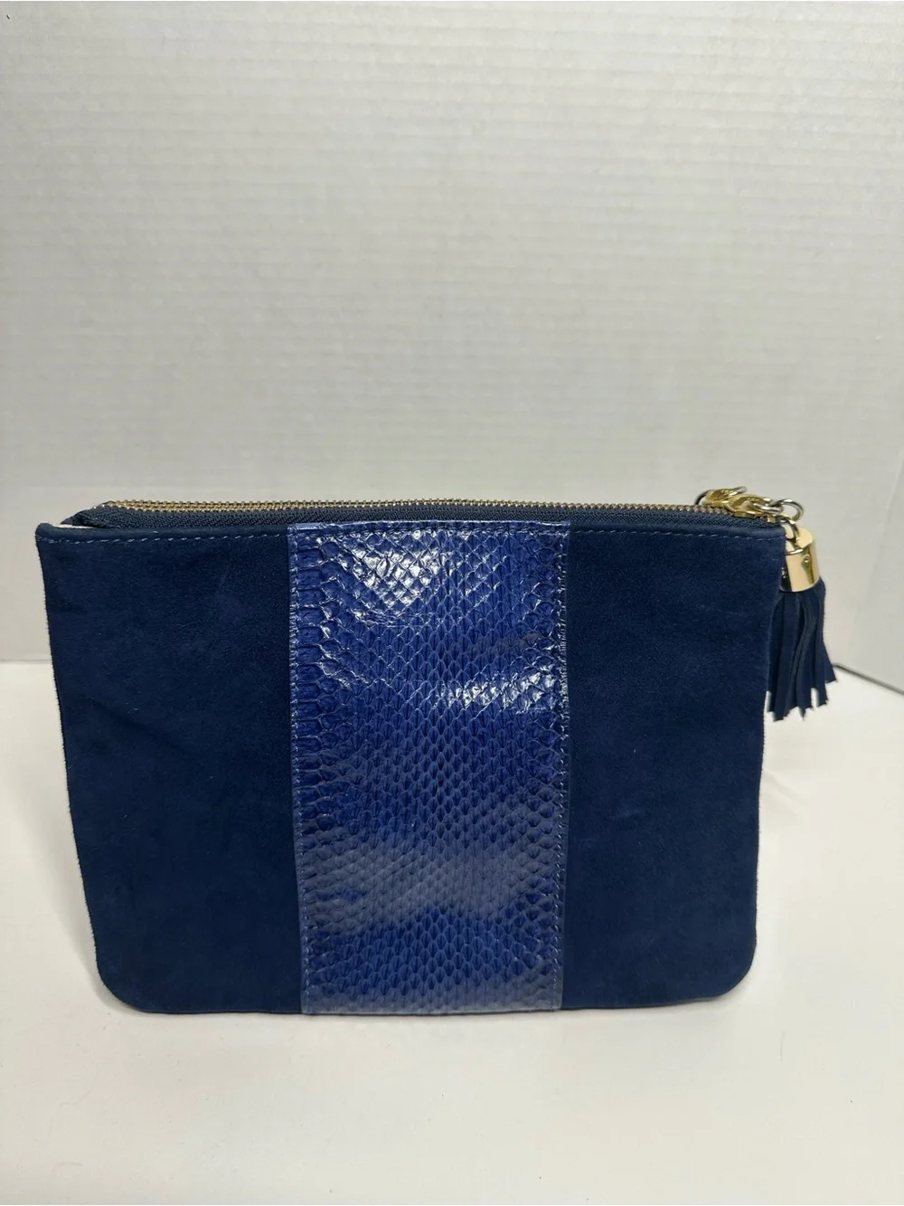 Ann Taylor Navy Suede Cosmetic Pouch with Snake-Embossed Panel